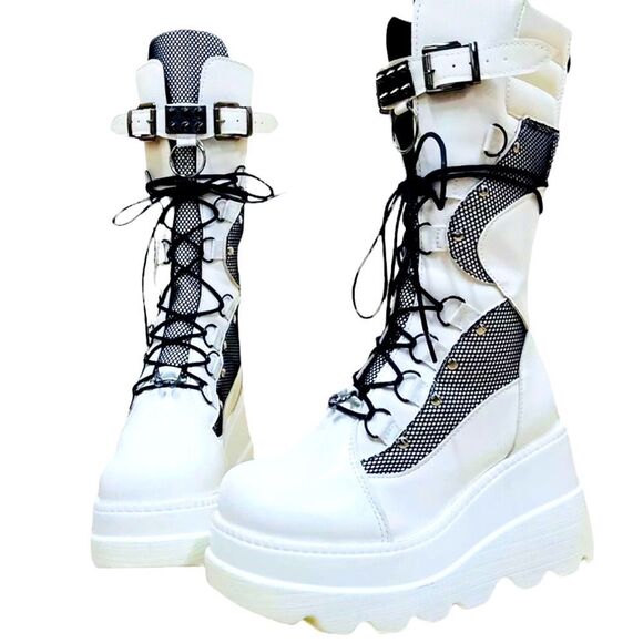 White Black Mesh D Rings Zipper Tall Platform Combat Boots NEW - Picture 1 of 4